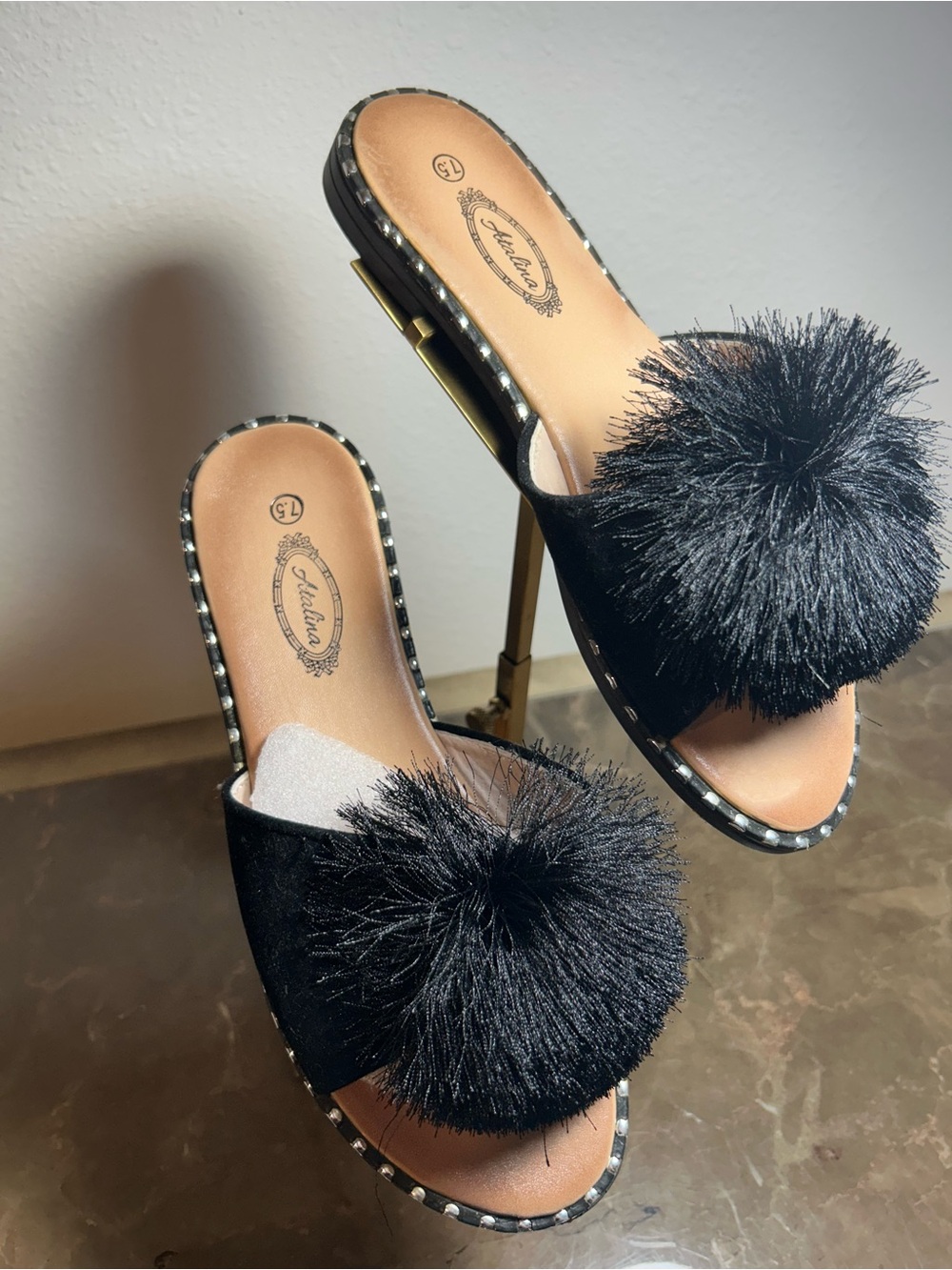 Catalina Black Pom-Pom Slide Mules